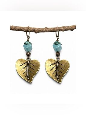 Vintage Style Leaf Earrings • Blue Stone • Antique Brass Boho
